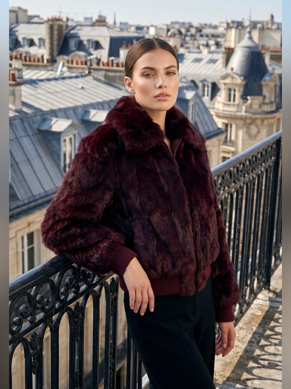 Vintage Burgundy Rabbit  Fur Bomber Jacket made in Hong Kong